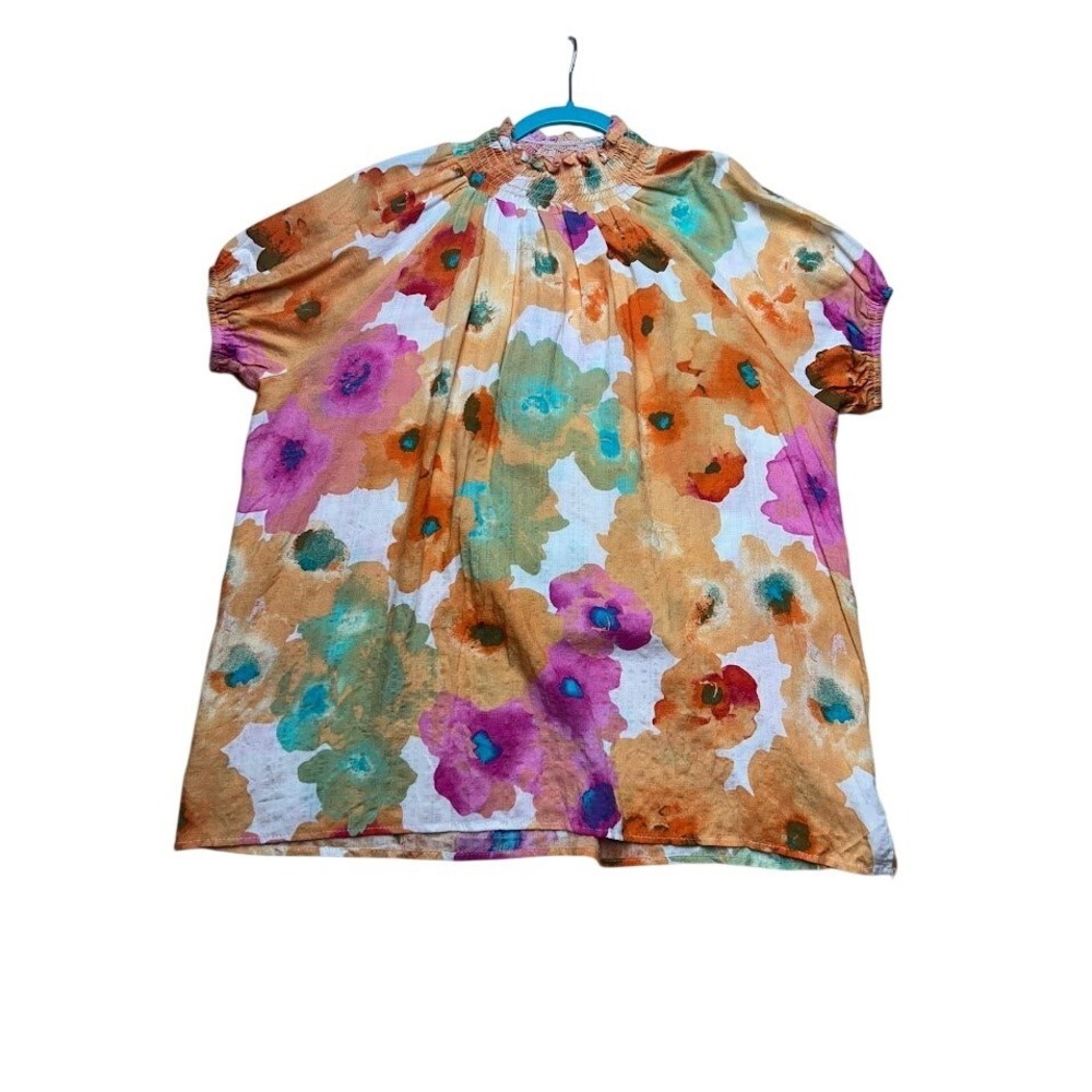 Lovely Melody Womens XL Floral Smocked Mock Neck Puff Sleeve Rayon Top